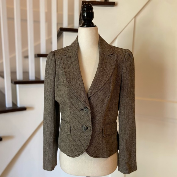 Wool Blend Fitted Brown Pinstripe Blazer - Picture 3 of 12